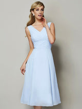 V-Neck Elegant Sleeveless Pleats Short Chiffon Bridesmaid Dresses