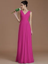 A-Line Charming V-neck Sleeveless Ruched Chiffon Bridesmaid Dresses