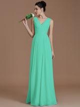 A-Line Charming V-neck Sleeveless Ruched Chiffon Bridesmaid Dresses