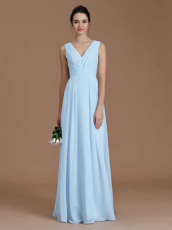 A-Line Charming V-neck Sleeveless Ruched Chiffon Bridesmaid Dresses