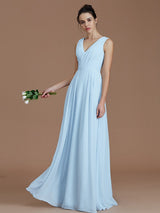 A-Line Charming V-neck Sleeveless Ruched Chiffon Bridesmaid Dresses