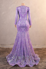 V-Neck Long Sleeve Zipper Sequins Mermaid Sweep Train Evening Dress-Ballbella