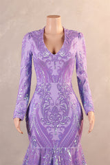 V-Neck Long Sleeve Zipper Sequins Mermaid Sweep Train Evening Dress-Ballbella