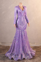 V-Neck Long Sleeve Zipper Sequins Mermaid Sweep Train Evening Dress-Ballbella