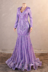 V-Neck Long Sleeve Zipper Sequins Mermaid Sweep Train Evening Dress-Ballbella