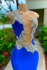 V-neck Mermaid Appliques Lace Sequined Open Back One Shoulder Floor-length Sleeveless Prom Dress-Ballbella