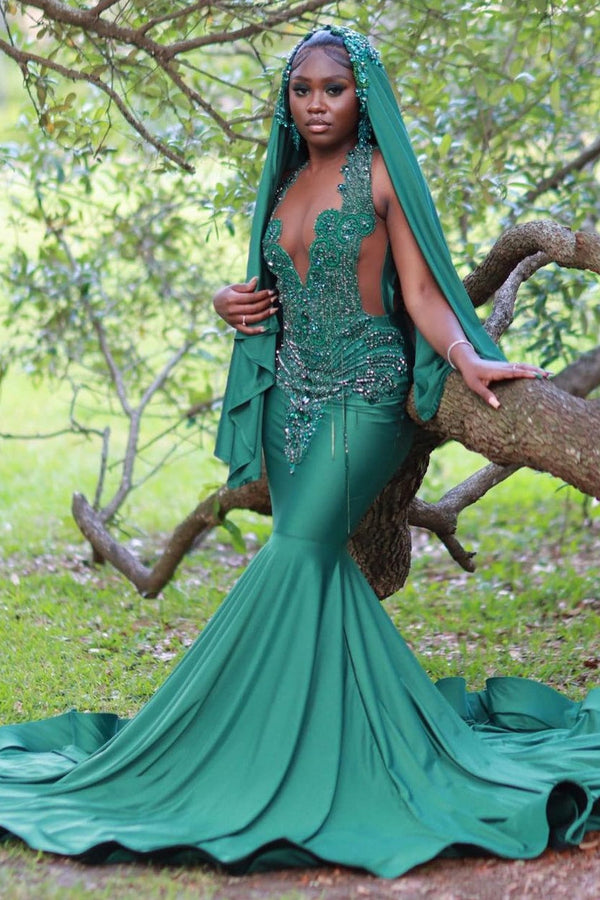 V-Neck Mermaid Sleeveless Beading Sweep Train Prom Dress-Ballbella