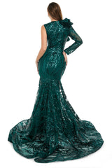 V-Neck One-Shoulder Mermaid Illusion Sequins Evening Dress-Ballbella