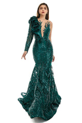 V-Neck One-Shoulder Mermaid Illusion Sequins Evening Dress-Ballbella