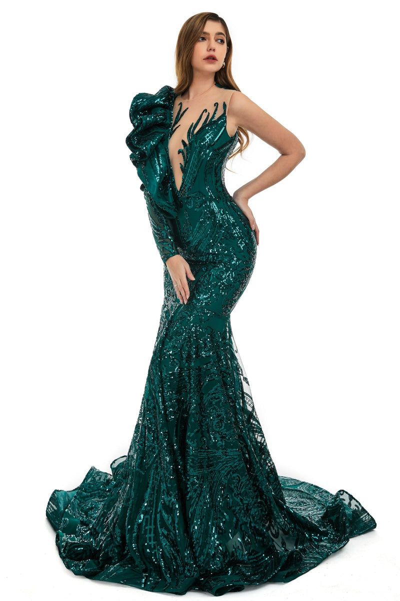 V-Neck One-Shoulder Mermaid Illusion Sequins Evening Dress-Ballbella