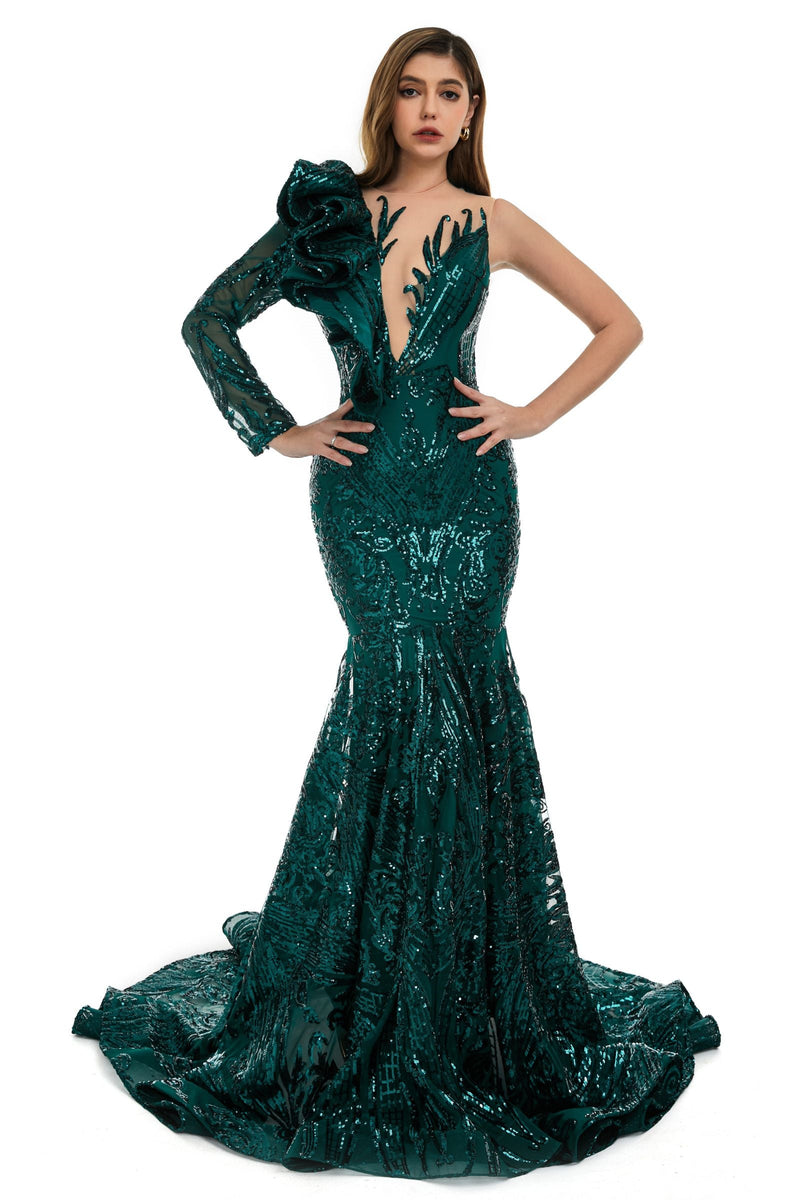 V-Neck One-Shoulder Mermaid Illusion Sequins Evening Dress-Ballbella