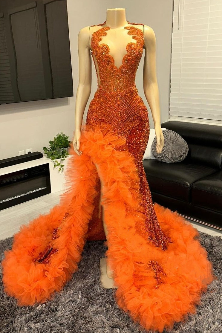 V-neck Orange Beaded Tulle Ruffles Sequin Prom Dresses-Ballbella