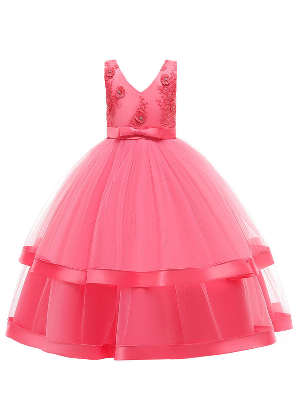 V Neck Polyester Cotton Sleeveless Ankle Length Princess Embroidered Kids Party Dresses-Ballbella