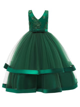 V Neck Polyester Cotton Sleeveless Ankle Length Princess Embroidered Kids Party Dresses-Ballbella