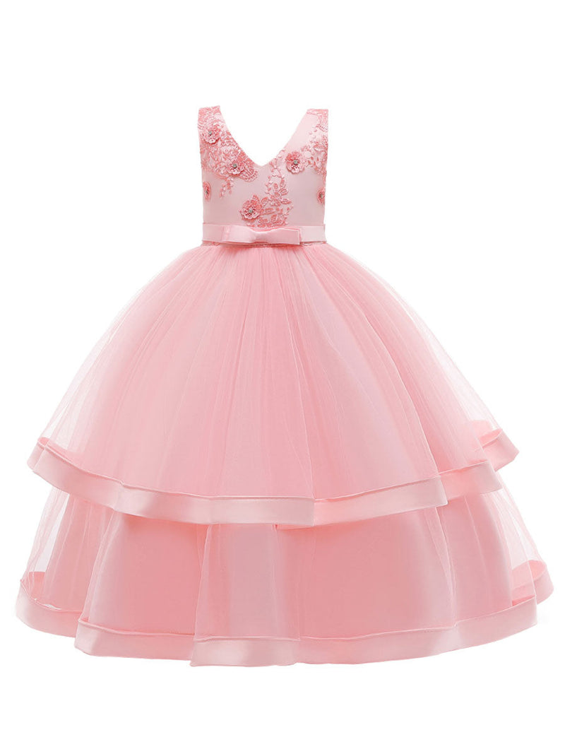 V Neck Polyester Cotton Sleeveless Ankle Length Princess Embroidered Kids Party Dresses-Ballbella