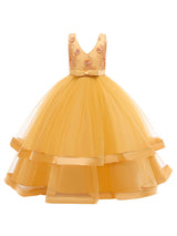 V Neck Polyester Cotton Sleeveless Ankle Length Princess Embroidered Kids Party Dresses-Ballbella