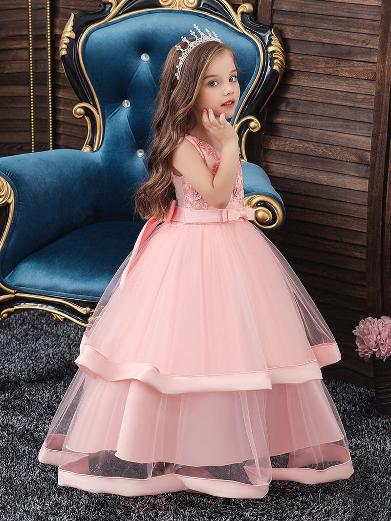 V Neck Polyester Cotton Sleeveless Ankle Length Princess Embroidered Kids Party Dresses-Ballbella