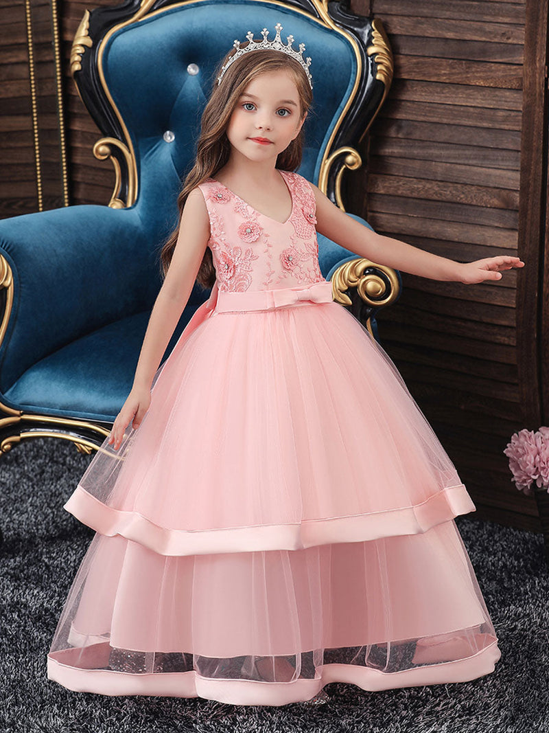 V Neck Polyester Cotton Sleeveless Ankle Length Princess Embroidered Kids Party Dresses-Ballbella