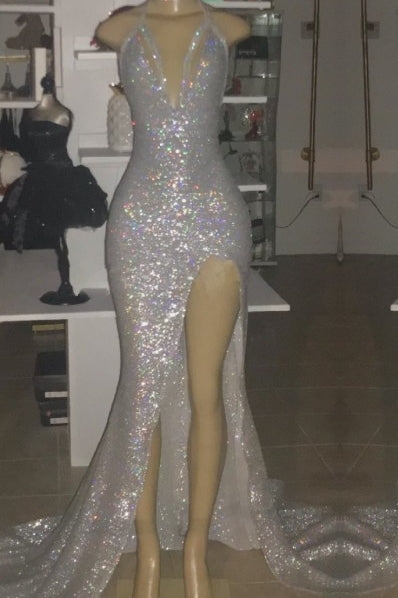 V-neck Sequins Mermaid Front Slit Floor Length Prom Dresses-Ballbella