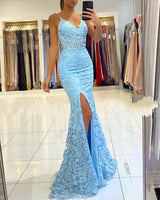 V-neck Sky Blue High Split Special Lace Design Evening Dress-Ballbella