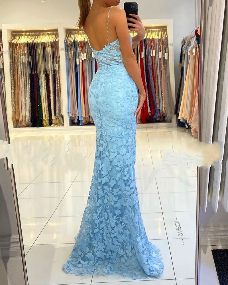 V-neck Sky Blue High Split Special Lace Design Evening Dress-Ballbella