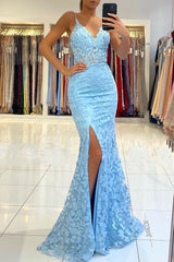 V-neck Sky Blue High Split Special Lace Design Evening Dress-Ballbella