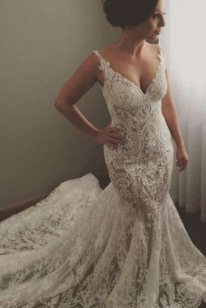 V neck Sleeveless Mermaid Wedding Dresses Modern Lace Appliques Bridal Gown-Ballbella