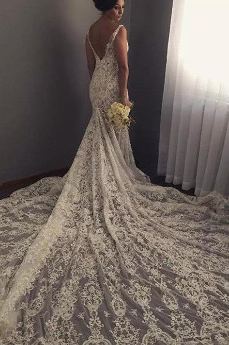 V neck Sleeveless Mermaid Wedding Dresses Modern Lace Appliques Bridal Gown-Ballbella