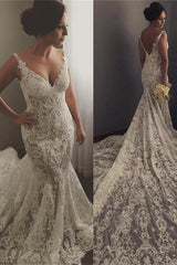 V neck Sleeveless Mermaid Wedding Dresses Modern Lace Appliques Bridal Gown-Ballbella