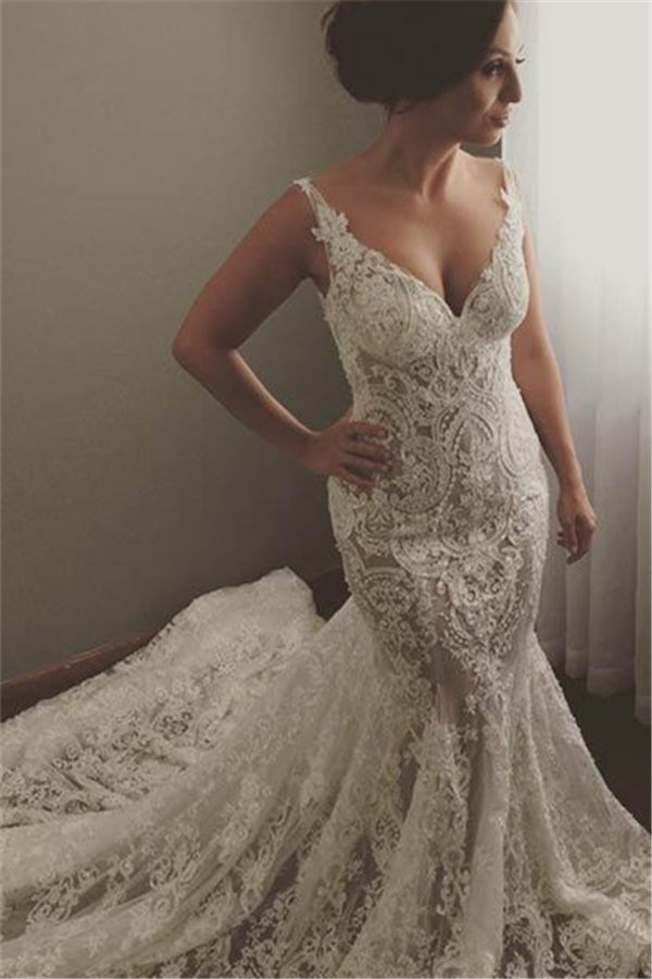 V neck Sleeveless Mermaid Wedding Dresses Modern Lace Appliques Bridal Gown-Ballbella