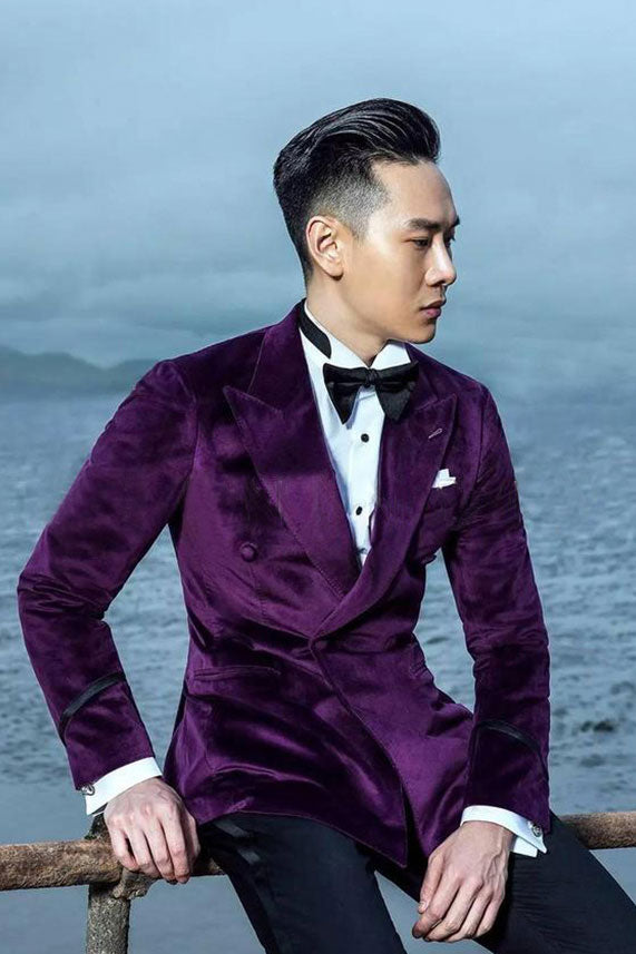 Velvet Mens Suits for Prom Peak Lapel Wedding Tuxedo for Groom-Ballbella