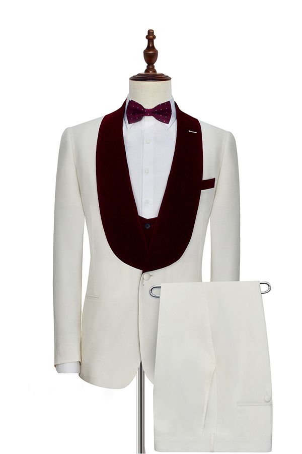 This Velvet Shawl Collar White Wedding Tuxedos, Three Piece Wedding Suits with Burgundy Vest at Ballbella comes in all sizes for prom, wedding and business. Shop an amazing selection of Shawl Lapel Single Breasted White mens suits in cheap price.