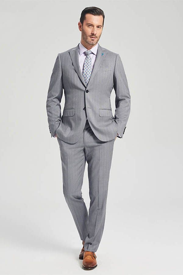 This Well-cut Stripes Grey Suits, Two Buttons Peak Lapel Business Mens Suits at Ballbella comes in all sizes for prom, wedding and business. Shop an amazing selection of Peaked Lapel Single Breasted Silver mens suits in cheap price.