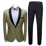 This Well-dressed Black Satin Shawl Lapel Marriage Suits, Gold Jacquard Men Wedding Tuxedos - Terence at Ballbella comes in all sizes for prom, wedding and business. Shop an amazing selection of Shawl Lapel Single Breasted Gold mens suits in cheap price.