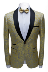 This Well-dressed Black Satin Shawl Lapel Marriage Suits, Gold Jacquard Men Wedding Tuxedos - Terence at Ballbella comes in all sizes for prom, wedding and business. Shop an amazing selection of Shawl Lapel Single Breasted Gold mens suits in cheap price.