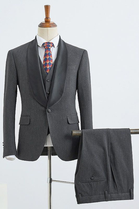 Ballbella is your ultimate source for trendy dark gray Three-pieces slim fit wedding suit for grooms. Shop this season's Sharp-looking Shawl Lapel Single Breasted collections at Ballbella. Worldwide delivery available. Fast Worldwide Shipping.Secure &amp; Easy Checkout.