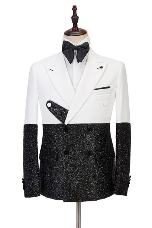 White and Sparkle Double Breasted Fashion Slim Fit Prom Men Suits Online-Ballbella