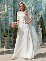 White Casual Wedding Dress Chiffon Jewel Neck Short Sleeves Sash A-Line Long Bridal Gowns-Ballbella