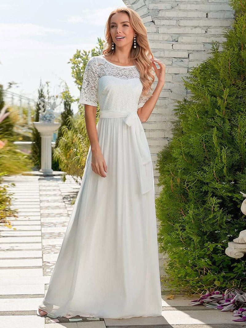 White Casual Wedding Dress Chiffon Jewel Neck Short Sleeves Sash A-Line Long Bridal Gowns-Ballbella