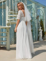 White Casual Wedding Dress Chiffon Jewel Neck Short Sleeves Sash A-Line Long Bridal Gowns-Ballbella