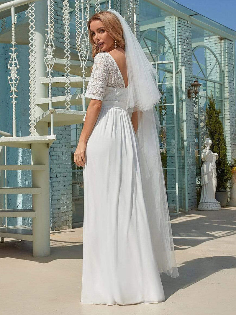 White Casual Wedding Dress Chiffon Jewel Neck Short Sleeves Sash A-Line Long Bridal Gowns-Ballbella