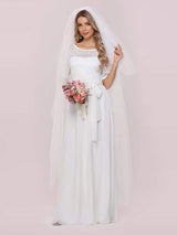 White Casual Wedding Dress Chiffon Jewel Neck Short Sleeves Sash A-Line Long Bridal Gowns-Ballbella