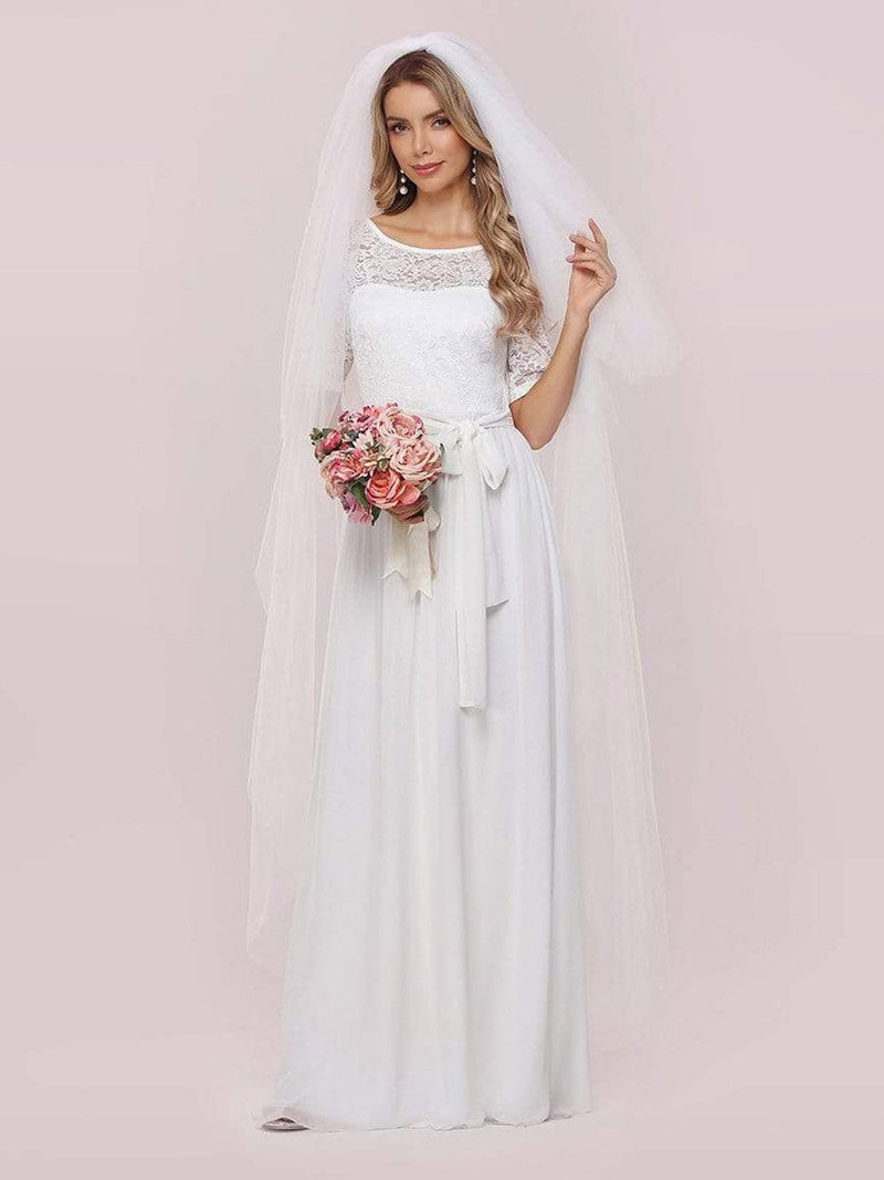 White Casual Wedding Dress Chiffon Jewel Neck Short Sleeves Sash A-Line Long Bridal Gowns-Ballbella