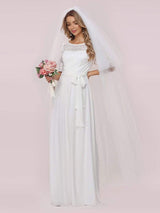 White Casual Wedding Dress Chiffon Jewel Neck Short Sleeves Sash A-Line Long Bridal Gowns-Ballbella