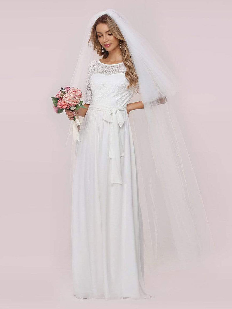 White Casual Wedding Dress Chiffon Jewel Neck Short Sleeves Sash A-Line Long Bridal Gowns-Ballbella