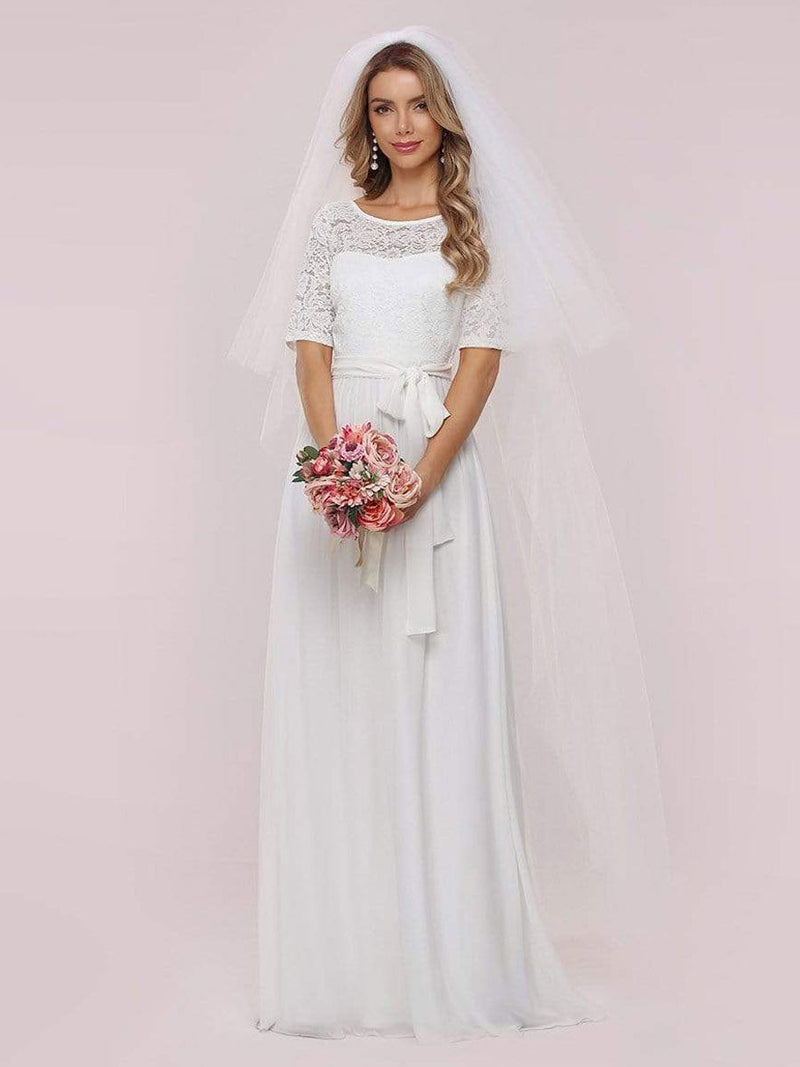 White Casual Wedding Dress Chiffon Jewel Neck Short Sleeves Sash A-Line Long Bridal Gowns-Ballbella