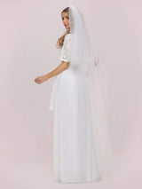 White Casual Wedding Dress Chiffon Jewel Neck Short Sleeves Sash A-Line Long Bridal Gowns-Ballbella