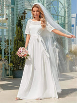 White Casual Wedding Dress Chiffon Jewel Neck Short Sleeves Sash A-Line Long Bridal Gowns-Ballbella