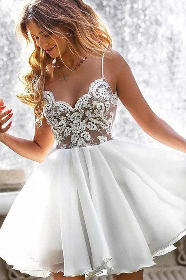 White Chiffon Spaghetti Straps Lace Appliques Homecoming Dress-Ballbella