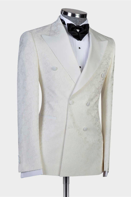 The Bespoke Peaked Lapel Double Breasted Men Suit is an essential part of any wardrobe. Whether you need a sharp business suit, a Custom design black tie evening look or a wedding or prom suit, you will find the perfect fit in Ballbella collection.Custom made this White Jacquard Double Breasted Peaked Lapel Wedding Suit for Men with rush order service.